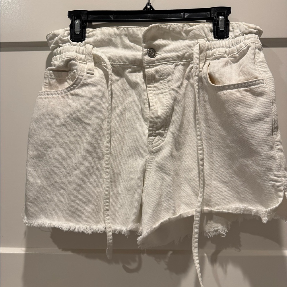 7 For All Mankind White Denim Paperbag Waist Jean Shorts